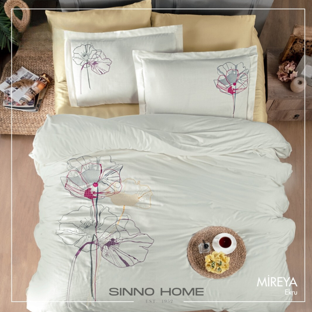 MIREYA EKRU - Cotton Satin Embroidered Duvet Cover Set Double